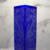 Cobalt-blue-square-vase-with-sandblasted-nouveau-design-closeup-view