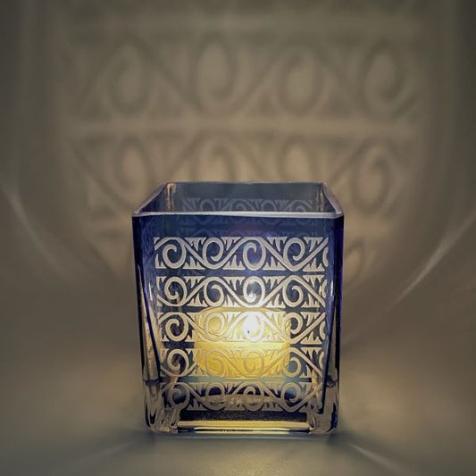 Cobalt Blue Blown Square Votive with Wrought Iron #3 design lit with shadow Its A Blast Glass 