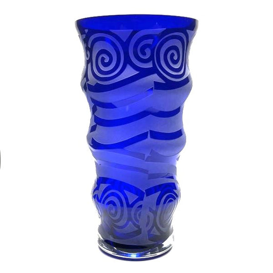 Cobalt blue ribbed glass vase with sandblasted spirals and more design side view