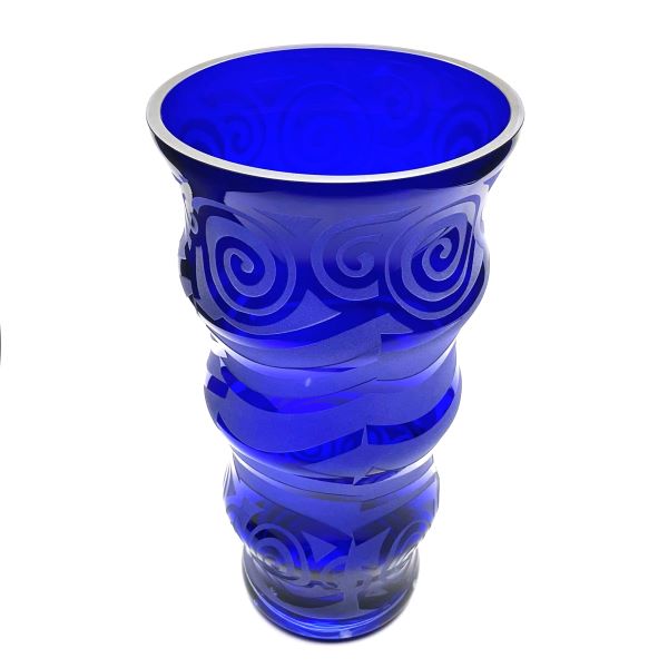 Cobalt blue ribbed glass vase with sandblasted spirals and more design top view