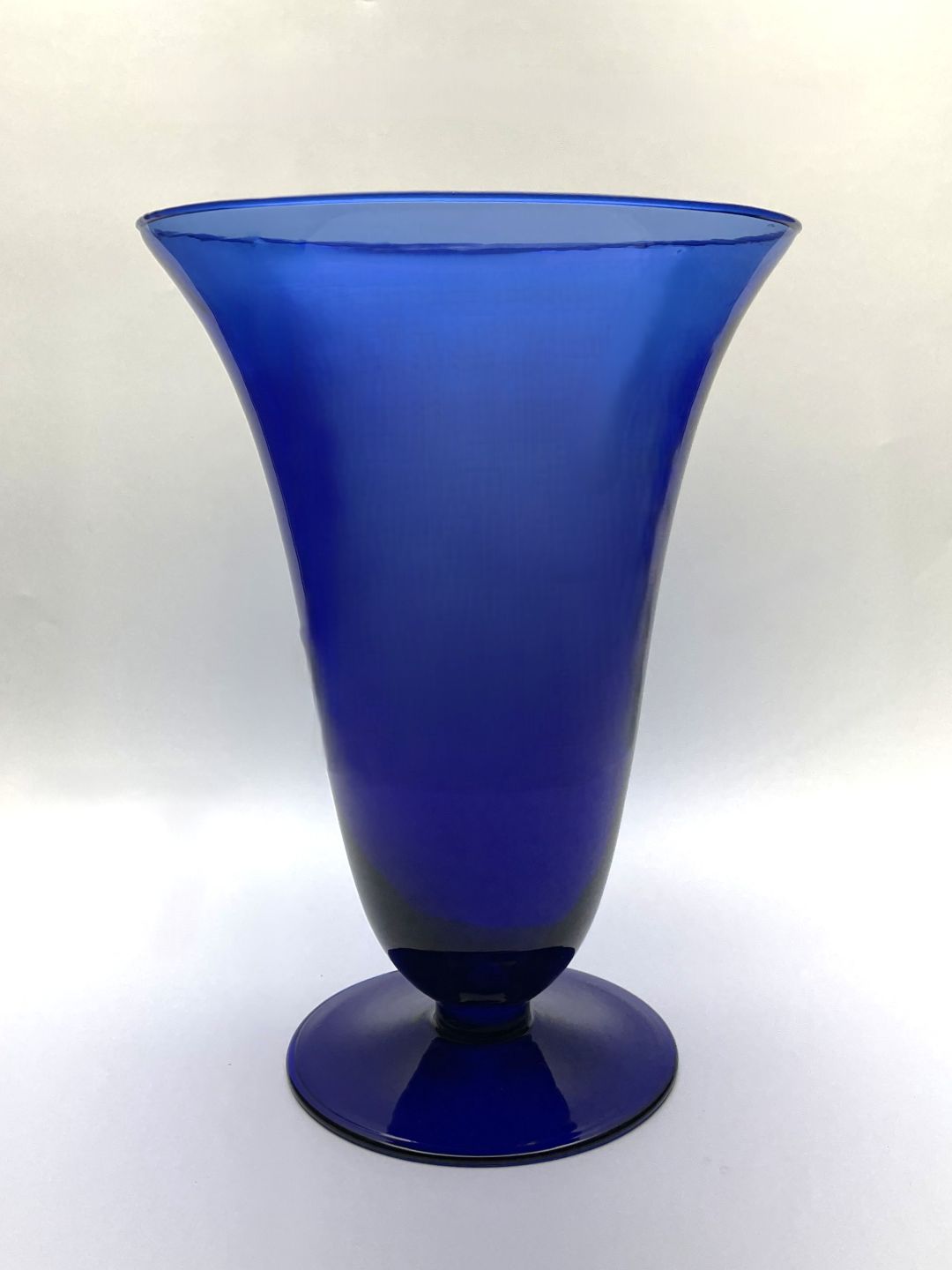 Cobalt blue trumpet hand blown glass vase side view 