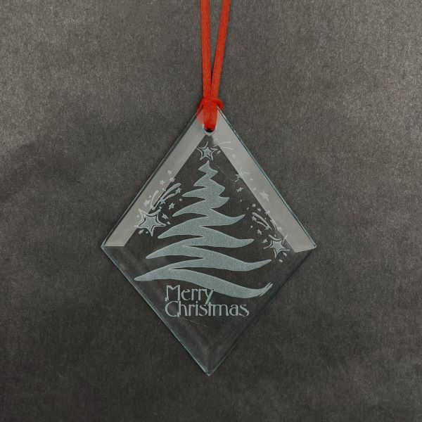 Crystal beveled diamond shaped ornament with sandblasted Christmas tree design Its A Blast Glass 