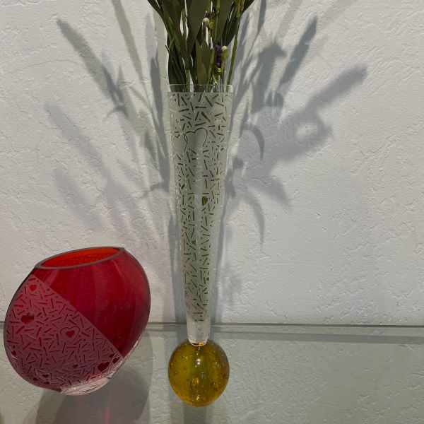 Gold ball cone shaped glass vase Hearts Abound design with flowers and red vase