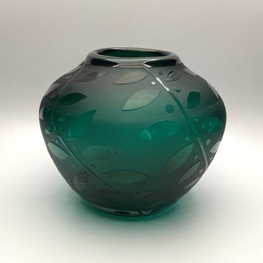 Green hand blown blass vase side view with sandblasted Leaf it to You design 