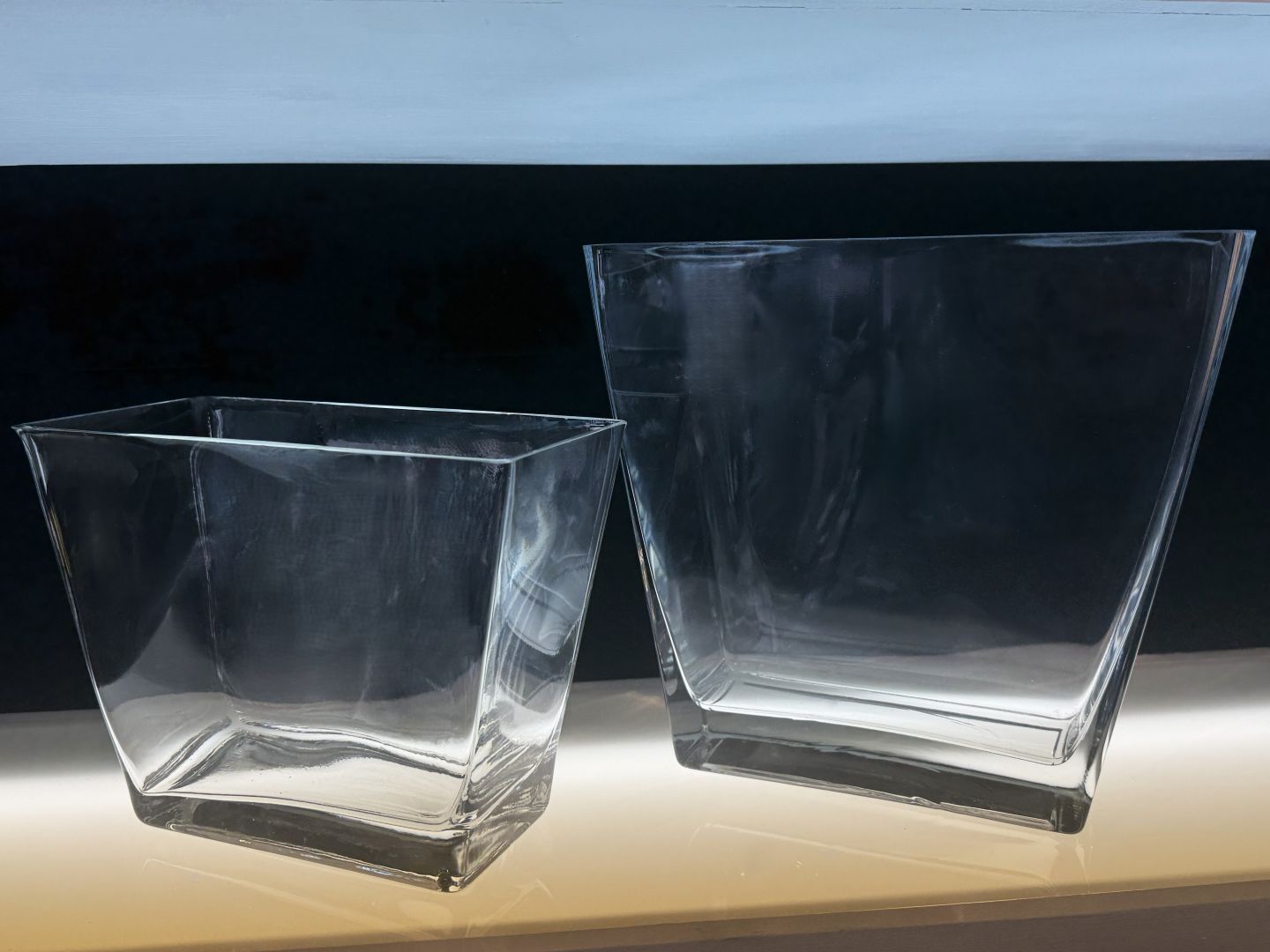 Large and medium clear flat flare hand blown glass vase 