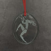 Oval crystal ornament with sandblasted Deco flute player design Its A Blast Glass Gallery Tucson