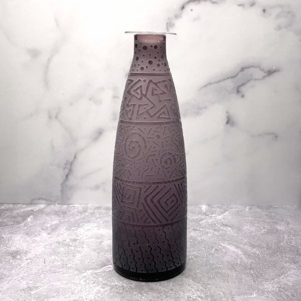 Purple-handblown-glass-bottle-with-banded-contempo-design-side-view