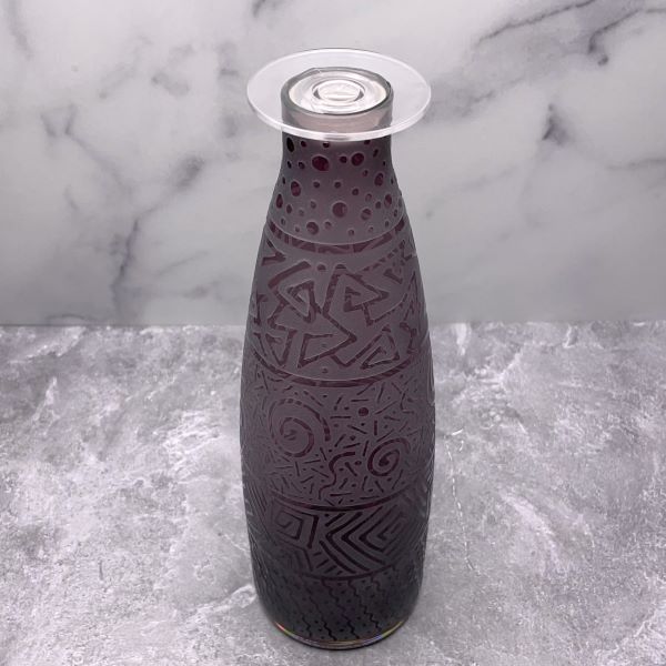 Purple-handblown-glass-bottle-with-banded-contempo-design-top-view