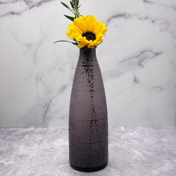 Purple-handblown-glass-bottle-with-banded-contempo-design-with-sunflower