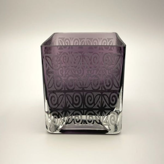 Purple blown square candleholder with Wrought Iron 4 design side view Its A Blast Glass Gallery