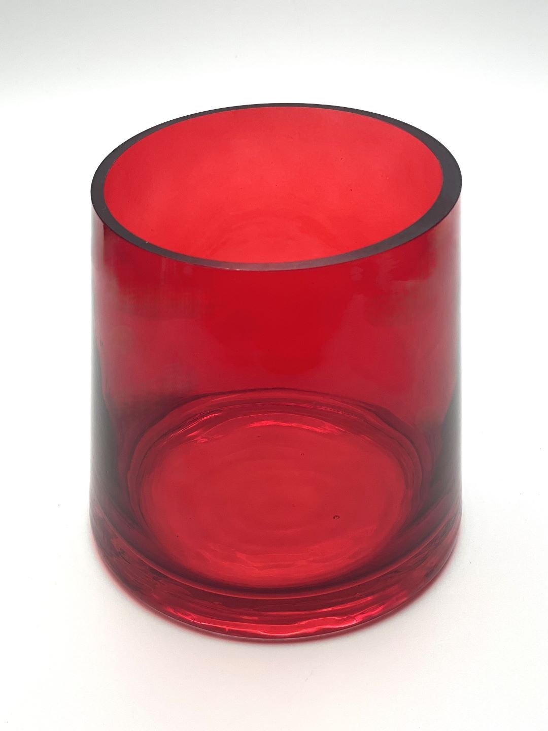 Red hand blown flared glass vase top view