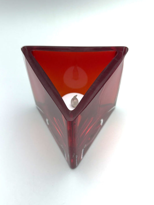  Red triangular hand blown glass candle holder top view with candle