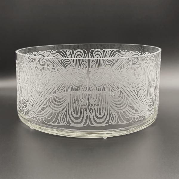 Straight sided clear bowl with sandblasted Art Nouveau design side view  