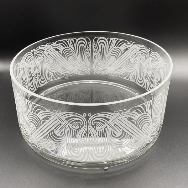 Straight sided clear bowl with sandblasted Art Nouveau design top view   