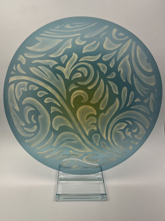 Teal and gold hand blown glass rondel with sandblasted tangled blooms with crystal glass stand