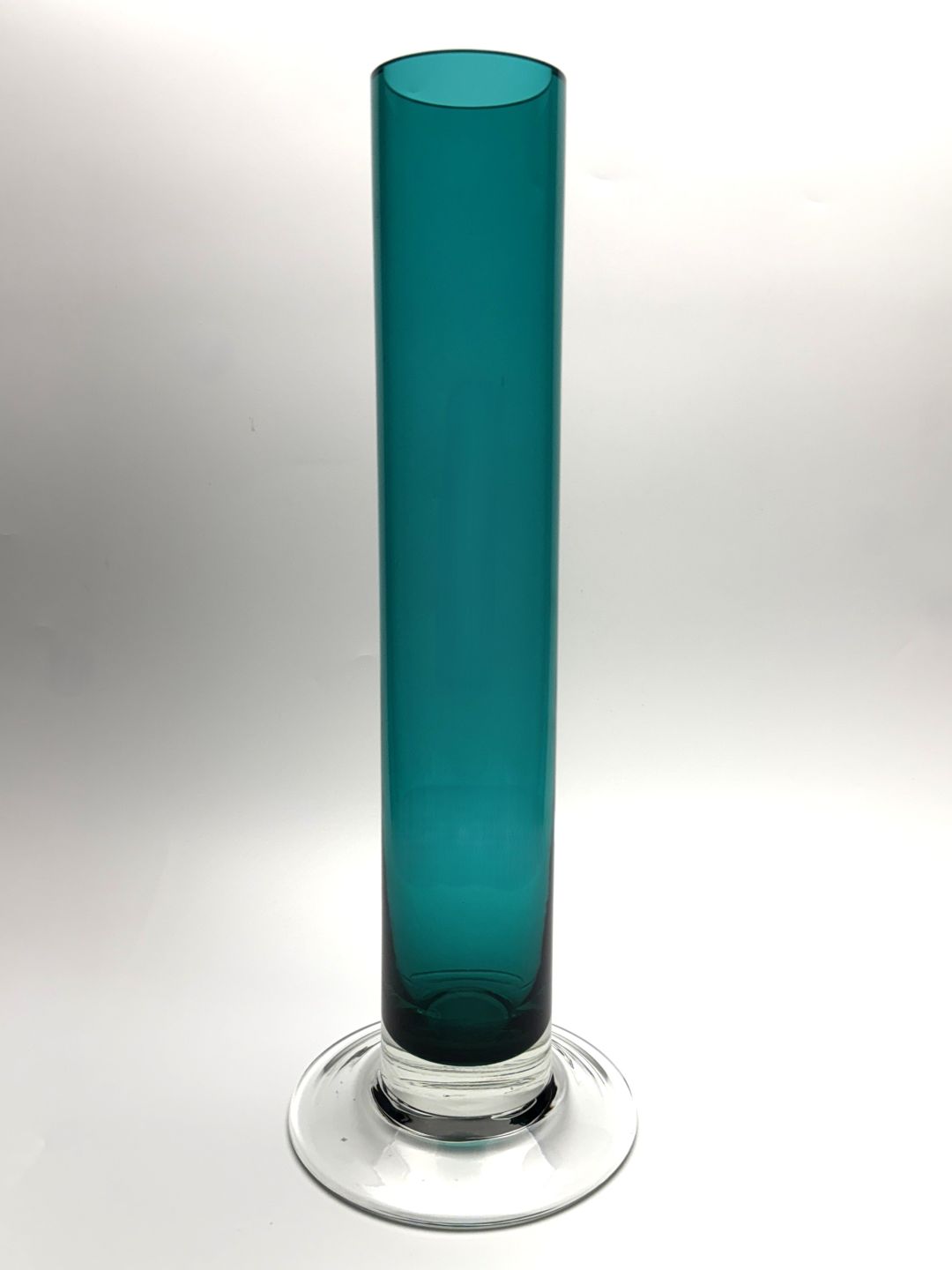 Teal tall footed cylinder hand blown glass vase