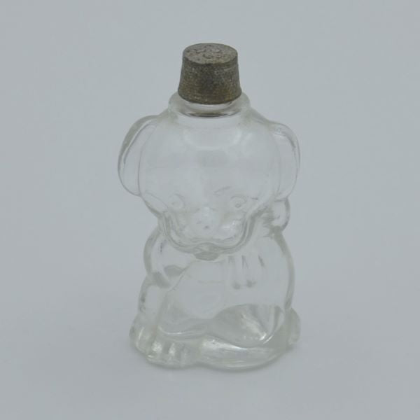 Vintage-clear-glass-puppy-shaped-bottle-Its-A-Blast-Glass-Tucson