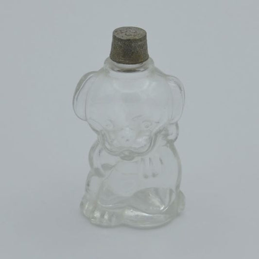 Vintage-clear-glass-puppy-shaped-bottle-Its-A-Blast-Glass-Tucson