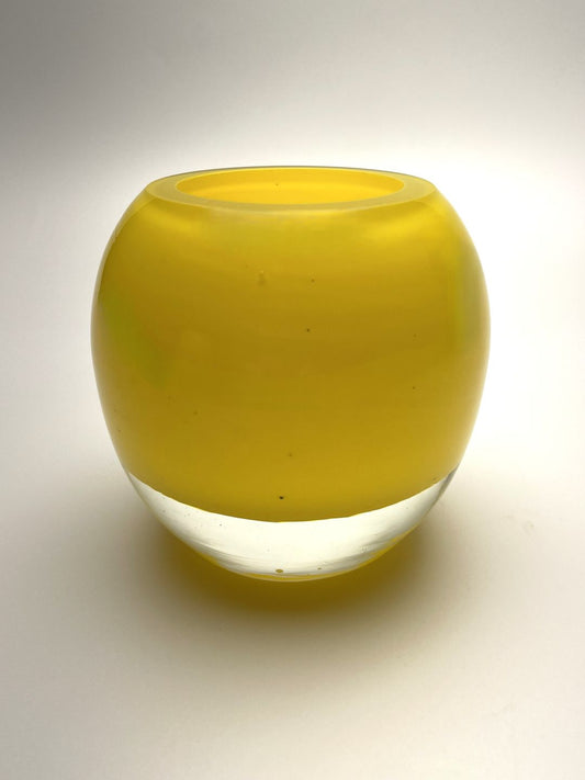 Yellow opaque hand blown glass vase  #1 side view