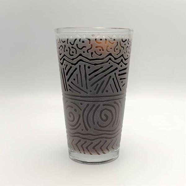 16oz Mixing Glass with Sandblasted Banded Geo Design #1 with Beverage