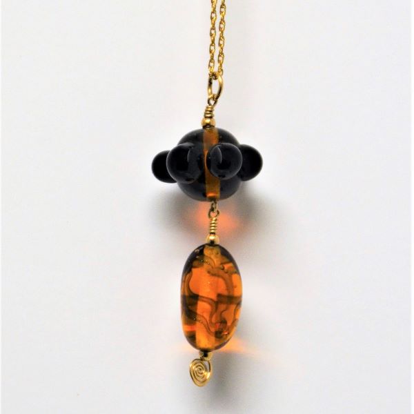 Gold and Black Glass Bead Pendant and Chain