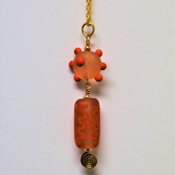 Frosted and Red Glass Bead Pendant and Chain