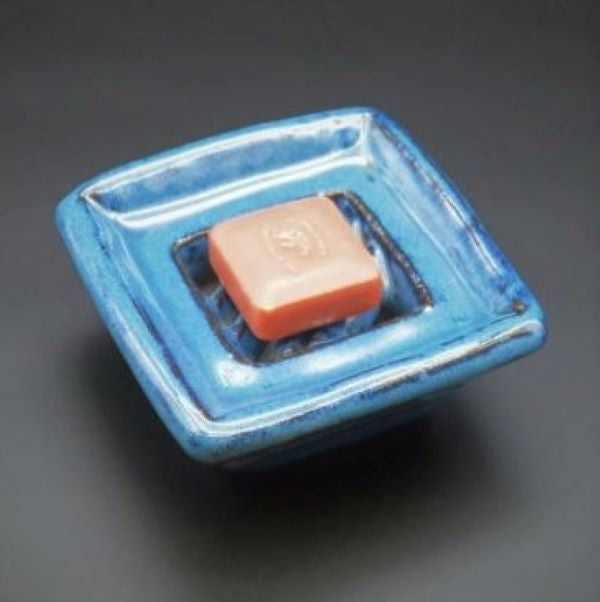 Azure Blue Pottery Soap Dish Top View with Soap