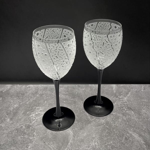 Black Stem Luminarc Domino Wine Glass Pair with Sandblasted Designs Top View