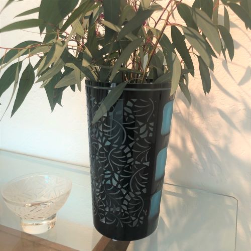 Mod Palm Large Hand Blown Glass Black-Blue Gem Vase with eucalyptus leaves