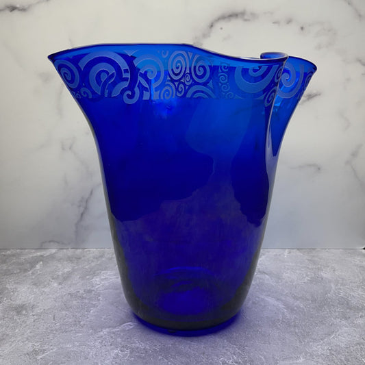 Blenko-cobalt-blue-napkin-shaped-handblown-glass-vase-with-spiraling-out-of-control-design