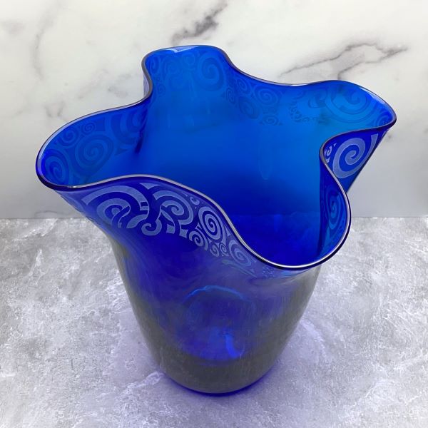 Blenko-cobalt-blue-napkin-shaped-handblown-glass-vase-with-spiraling-out-of-control-design-top-view