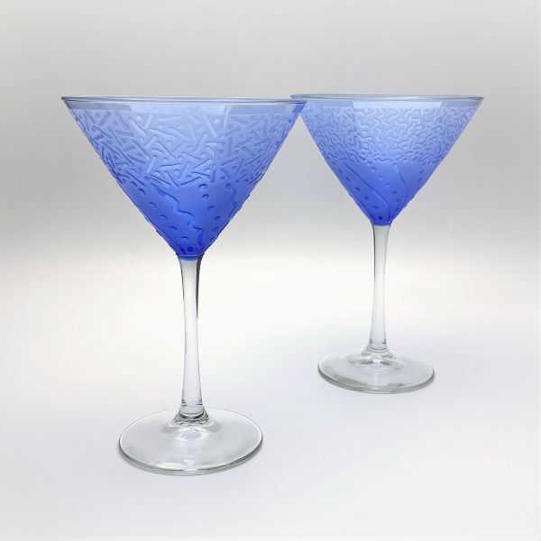 Blue-martini-cocktail-glasses-with-sandblasted-Before-and-After-whimsical-designs-side-view