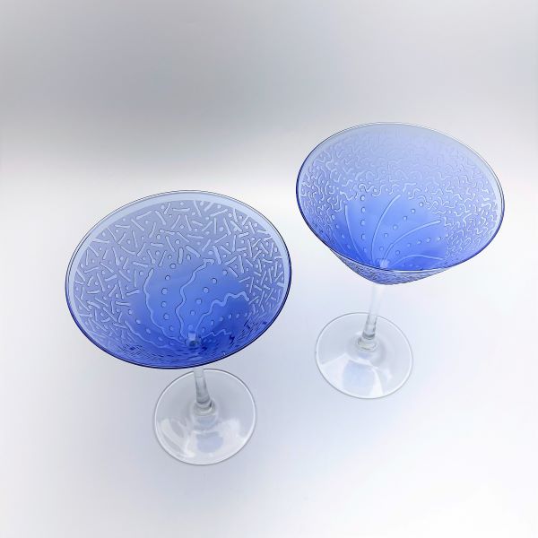 Blue-martini-cocktail-glasses-with-sandblasted-Before-and-After-whimsical-designs-top-view