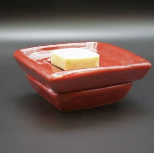 Brick Red Pottery Soap Dish Side View with Soap