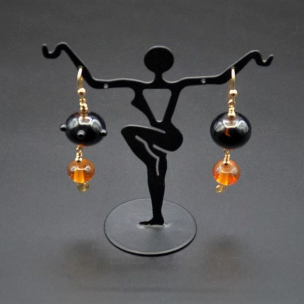 Black and Gold Glass Bead Earrings on Stand