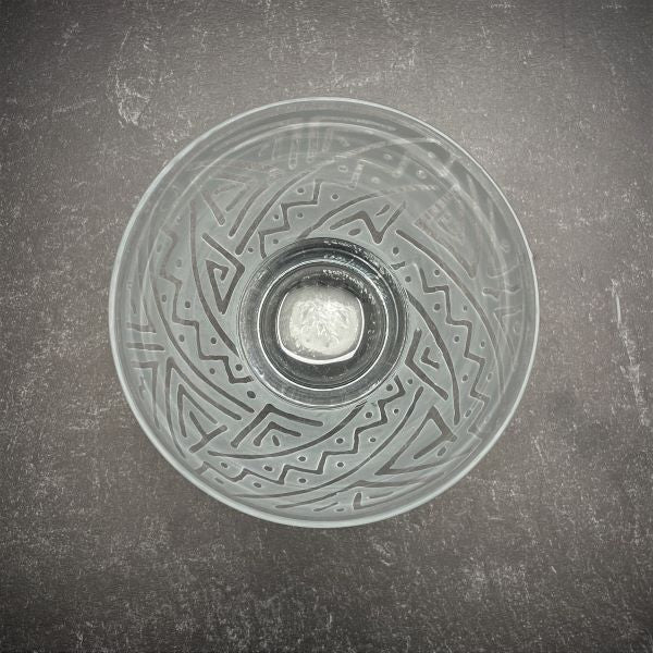 Clear-small-all-purpose-blown-glass-bowl-with-sandblasted-mesa-design-top-view