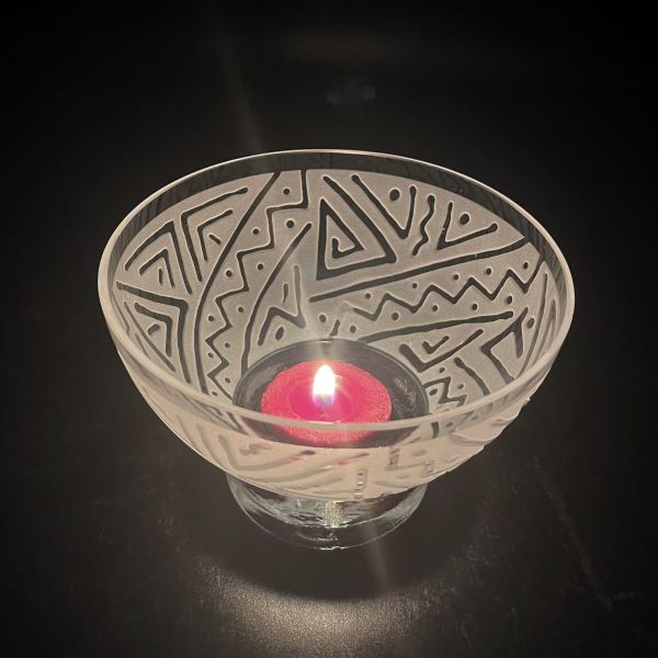    Clear-small-all-purpose-blown-glass-bowl-with-sandblasted-mesa-design-with-tealight-candle