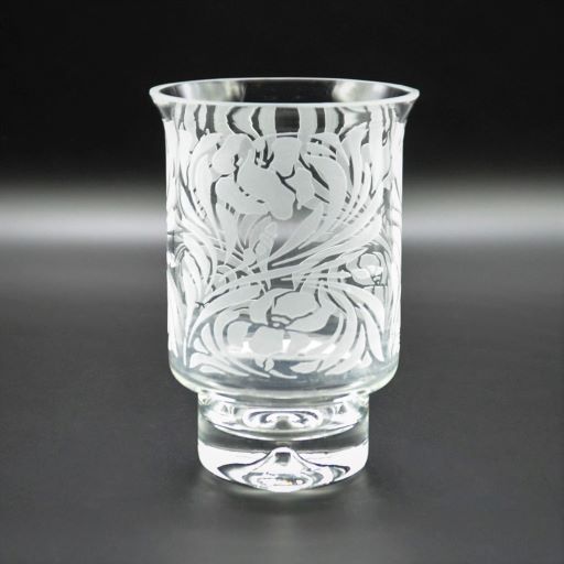 Clear-contempo-hand-blown-glass-candle-holder-with-sandblasted-Iris-design-side-view