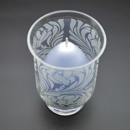 Clear-contempo-hand-blown-glass-candle-holder-with-sandblasted-Iris-design-with-candle-top-view