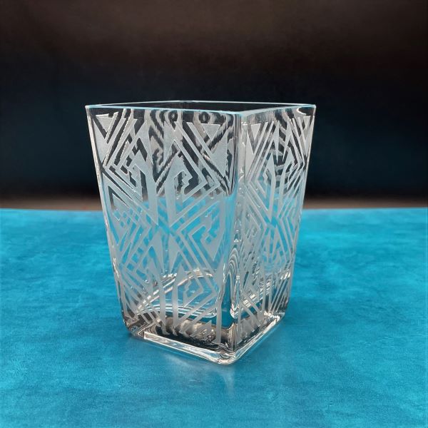Clear-flare-glass-vase-with-sandblasted-Maize-design-side-view