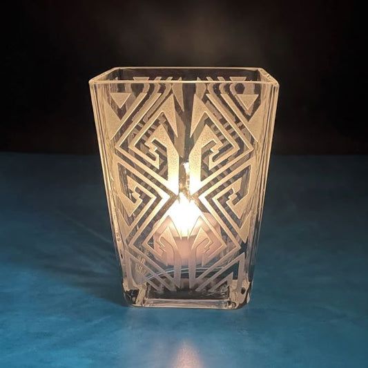 Clear-flare-glass-vase-with-sandblasted-Maize-design-side-view-with-electric-candle