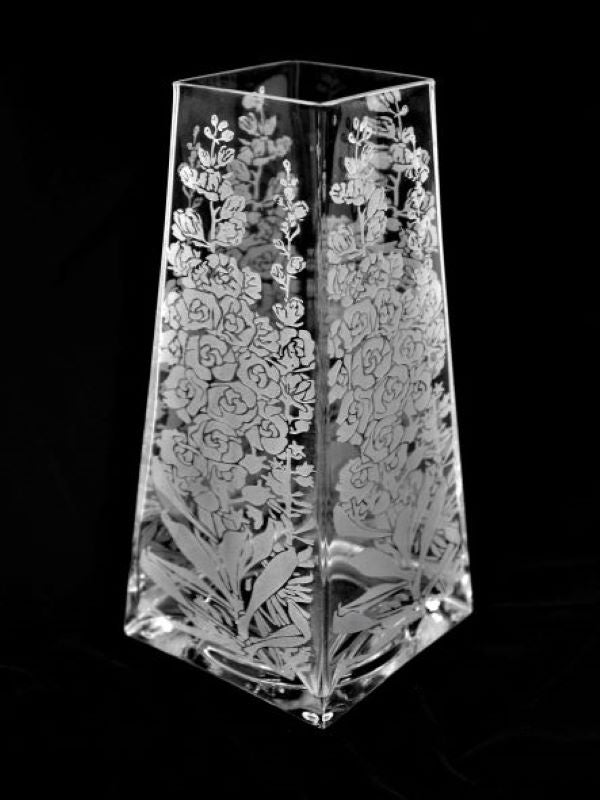 Clear-glass-vase-with-sandblasted-hollyhock-design-Its-A-Blast-Glass-Tucson