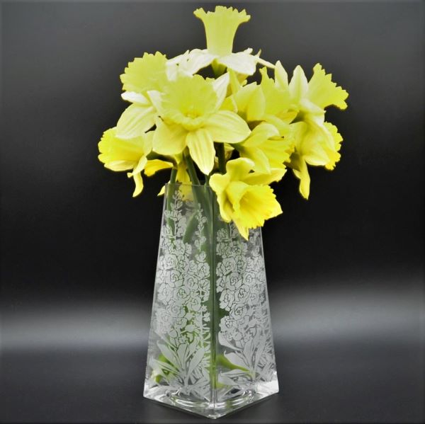 Clear-glass-vase-with-sandblasted-hollyhock-design-with-flowers-Its-A-Blast-Glass-Tucson