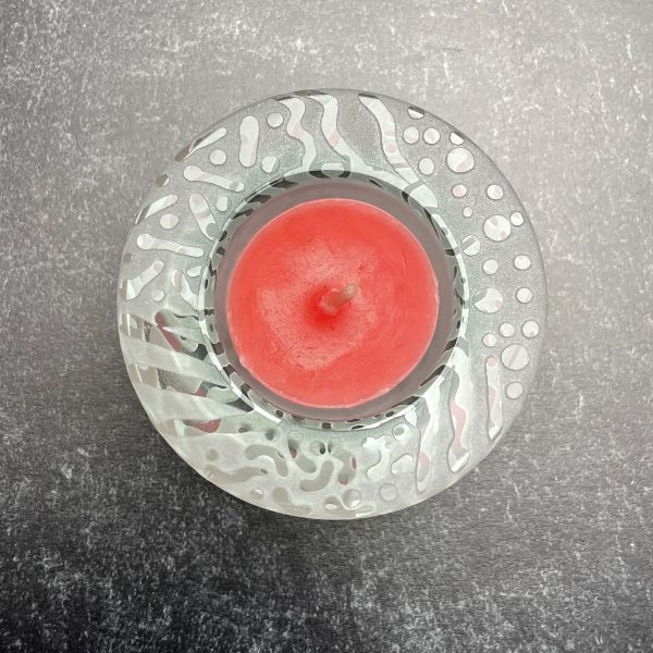 Clear Glass Tealight Candle Holder with Sandblasted Squiggle Line Dot Design and Tealight Candle Top View