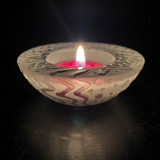 Clear Glass Tealight Candle Holder with Sandblasted Squiggle Line Dot Design and Tealight Candle Side View