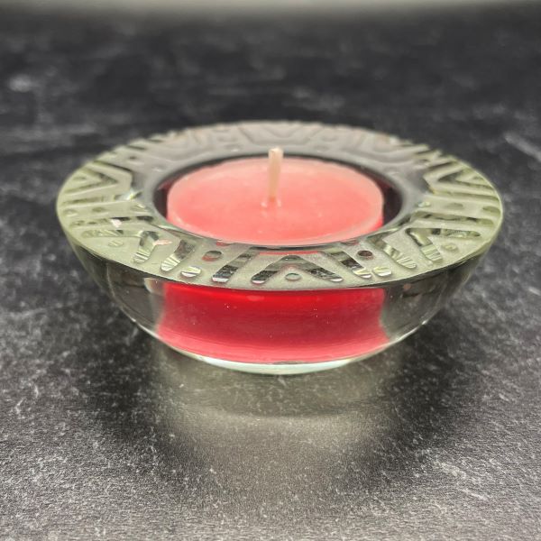 Clear Glass Tealight Candle Holder with Sandblasted V Dot Design and Tealight Candle Side View