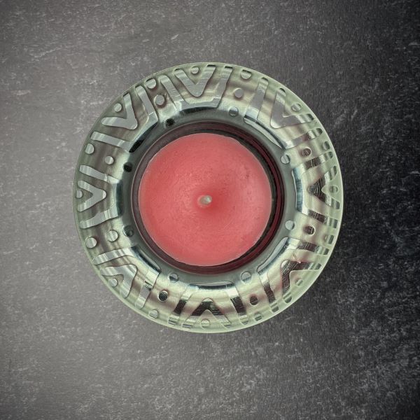 Clear Glass Tealight Candle Holder with Sandblasted V Dot Design and Tealight Candle Top View
