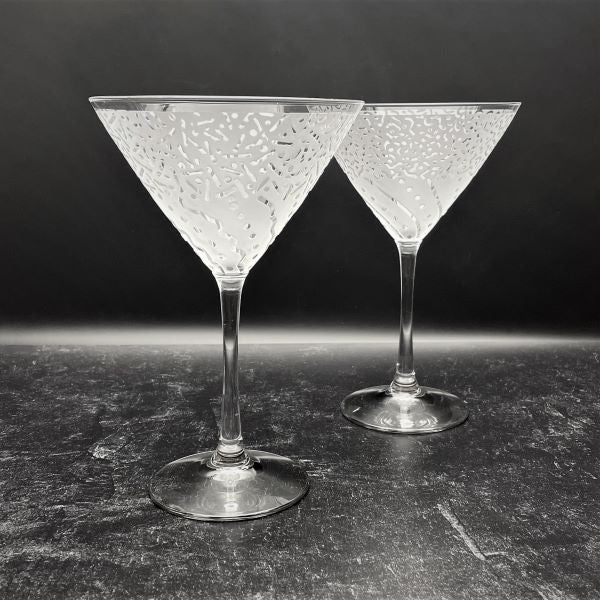 Clear-martini-cocktail-glasses-with-sandblasted-Before-and-After-designs-top-view