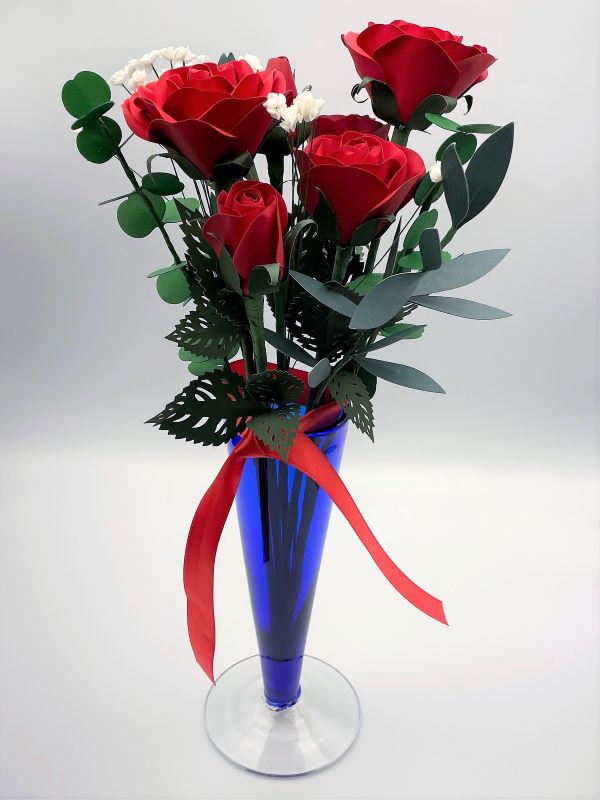 Cobalt Blue Blenko Hand Blown Cone Shaped Vase  with Flowers