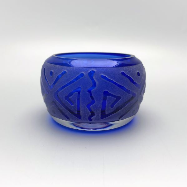 Cobalt-blue-glass-tealight-candle-holder-with-sandblasted-Geo-#1-design